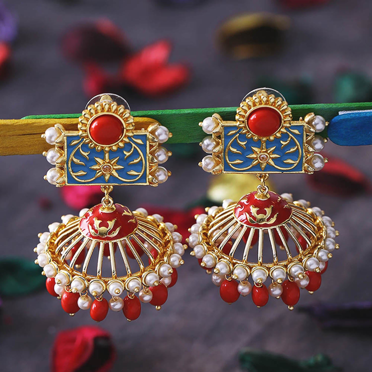 CZ Traditional Gold Plated Red Jhumka Earrings – VOYLLA
