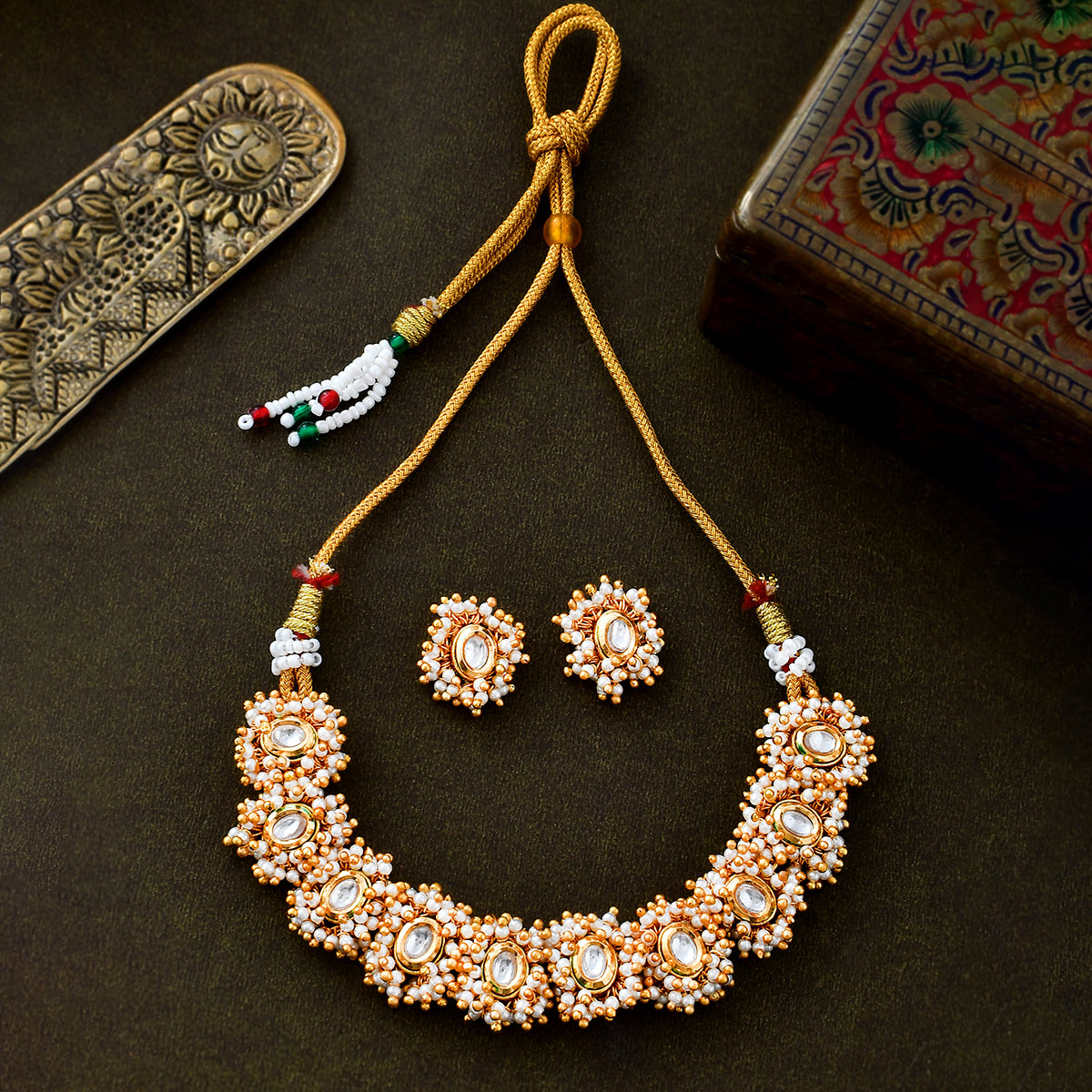 VOYLLA Veerangana Embellished Gold Necklace Set for Women