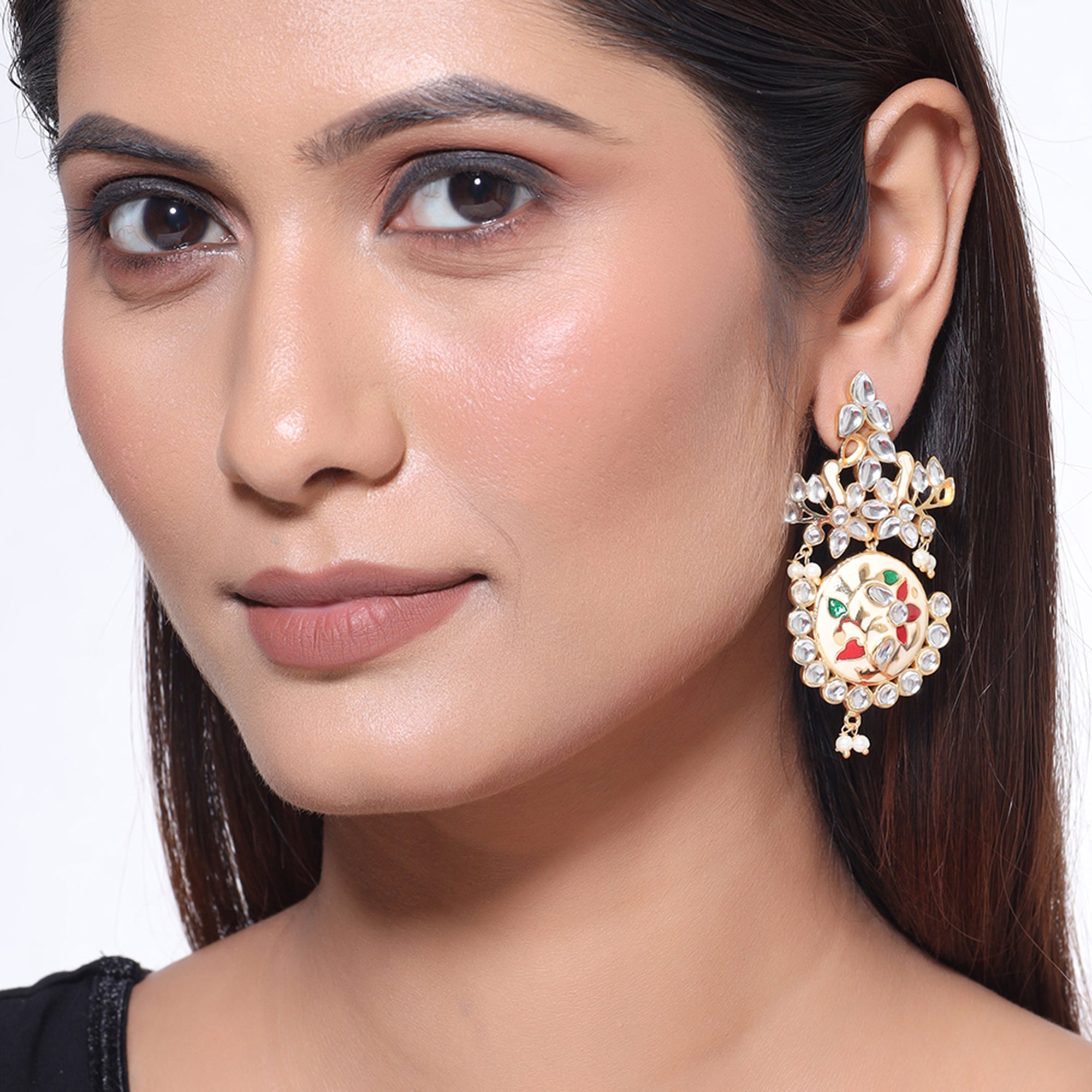 Sangemarmar Faux Kundan Gems Embellished Drop Earrings