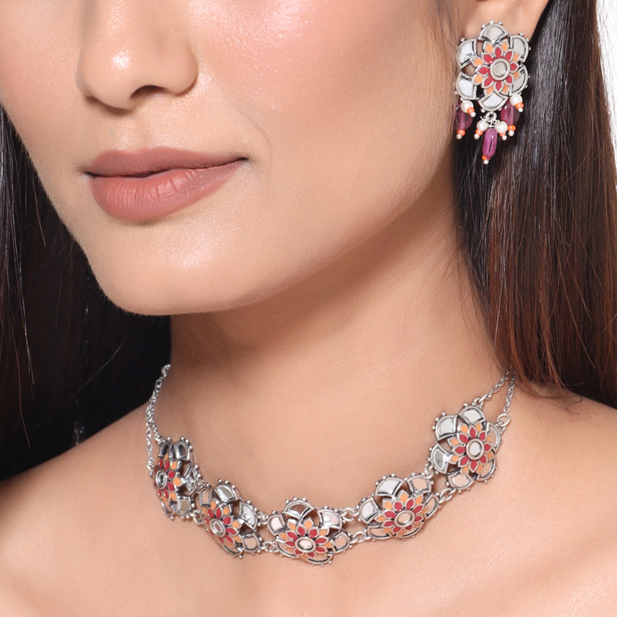Thikri Enameled Floral Motifs Necklace Set