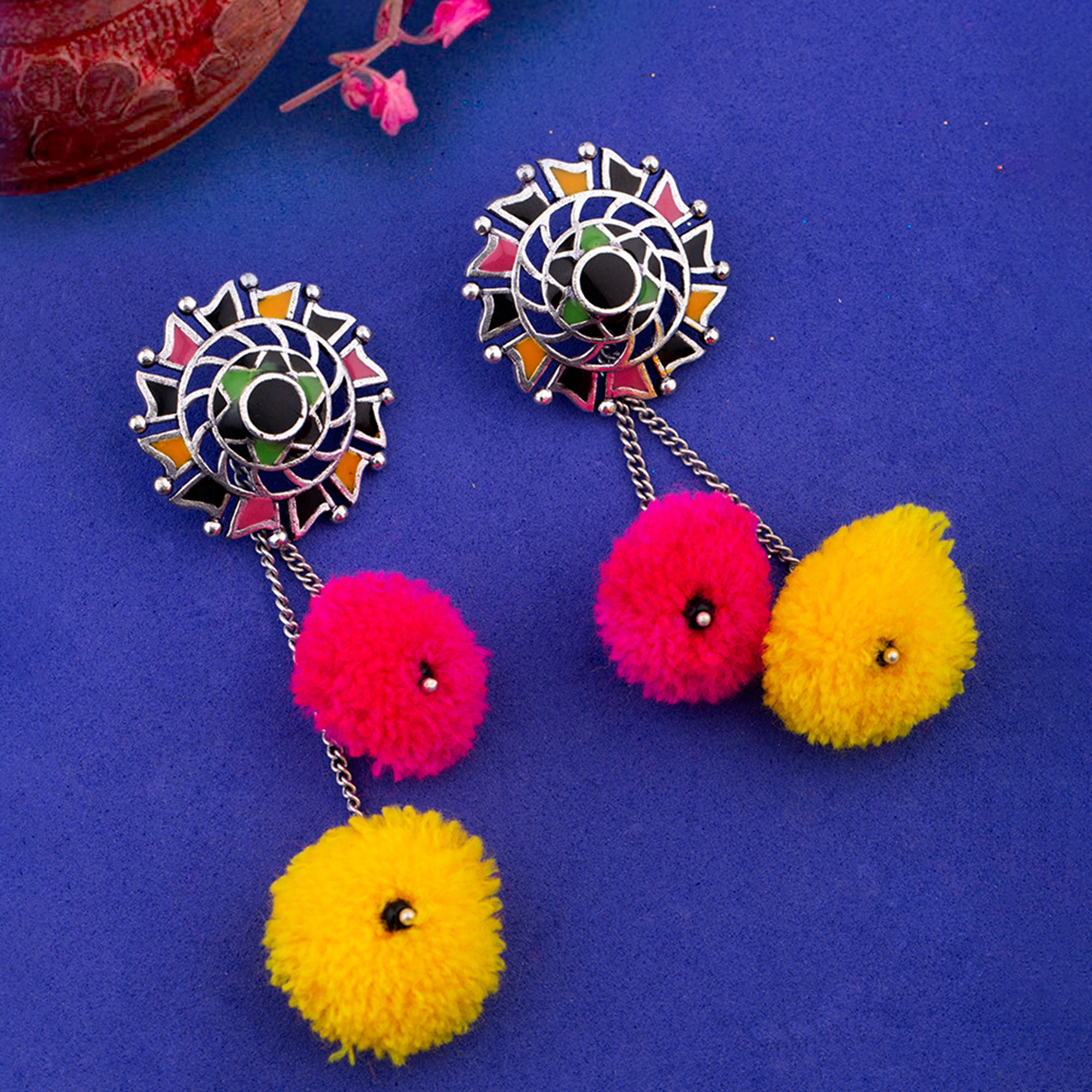 Multicolour Pom Pom with Heart Beads earrings