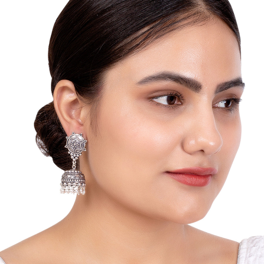 Rava Ball Silver Oxidized Jhumka Earrings