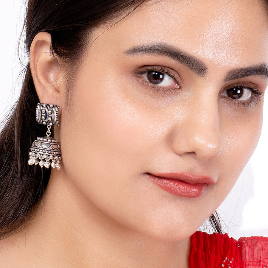 Rava Ball Silver Oxidized Jhumka Earrings