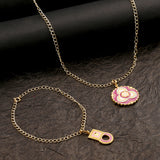 Floral Enameled Charms Pendant With Chain and Bracelets
