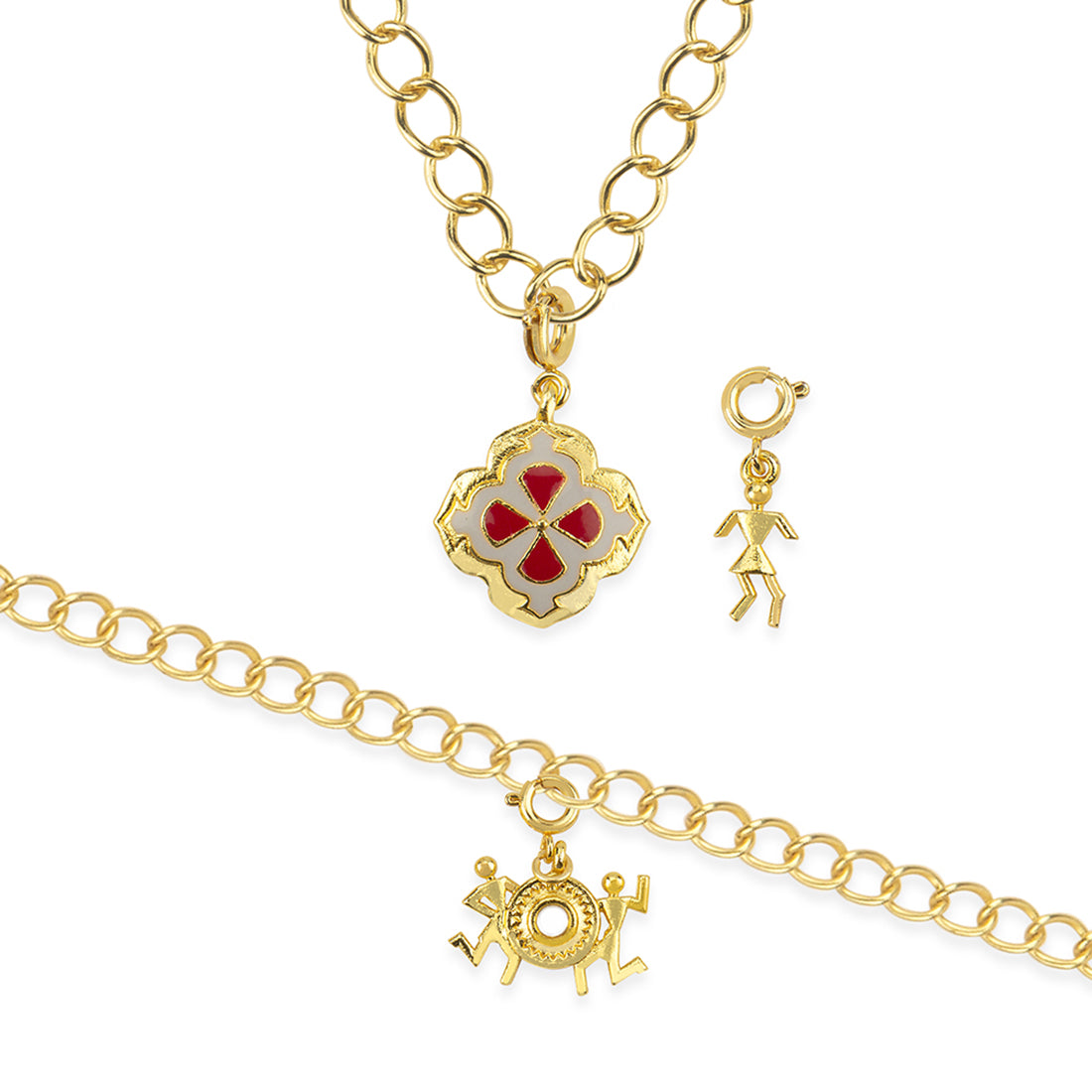 Stylish Yellow Gold Enameled Charms Pendant With Chain and Bracelets