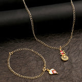 Yellow Gold Enameled Leaf Charms Pendant With Chain and Bracelets