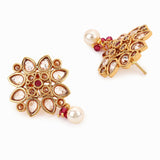 American Diamond CZ Gold Plated White Pearl Flower Shaped Brass Drop Earring