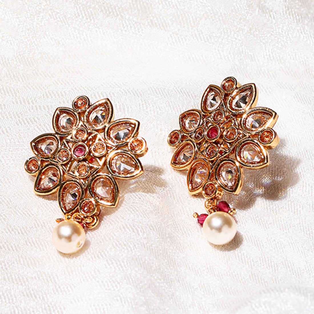 American Diamond CZ Gold Plated White Pearl Flower Shaped Brass Drop Earring