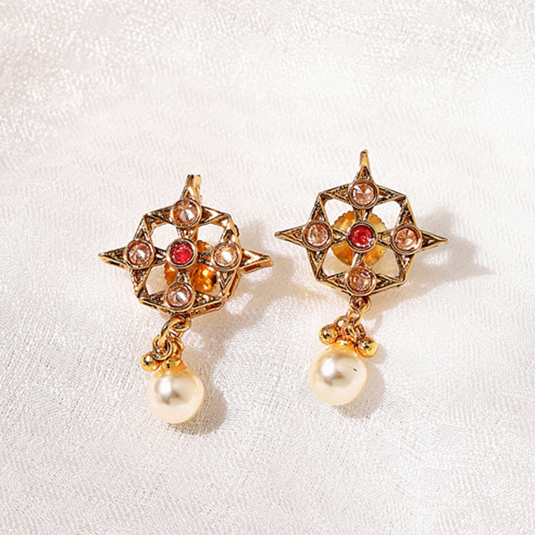 American Diamond CZ Gold Plated Pearl Brass Drop Earrings