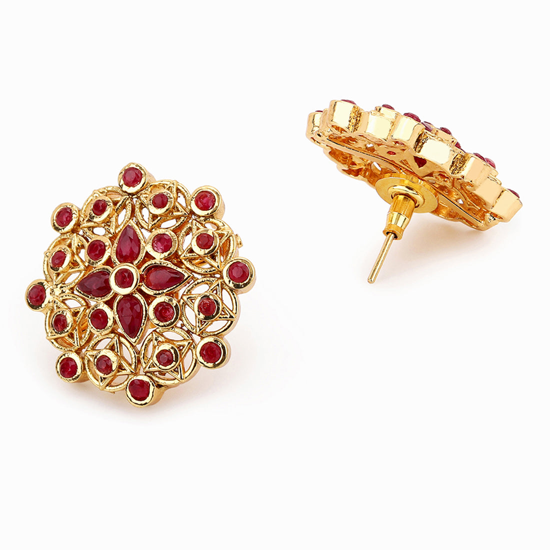 Gold Plated Round Shape Stud Earrings with Red Stone
