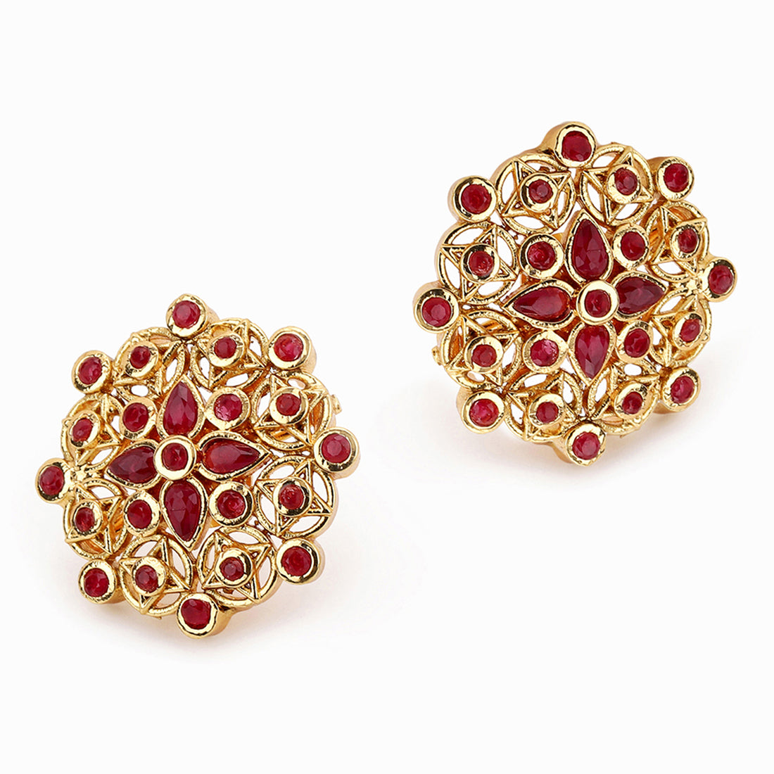Gold Plated Round Shape Stud Earrings with Red Stone