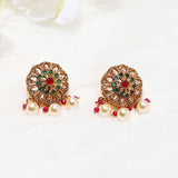 Gold Plated Round Shape Pearl Stud Earrings with Red Stone