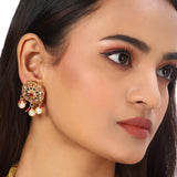 Gold Plated Round Shape Pearl Stud Earrings with Red Stone