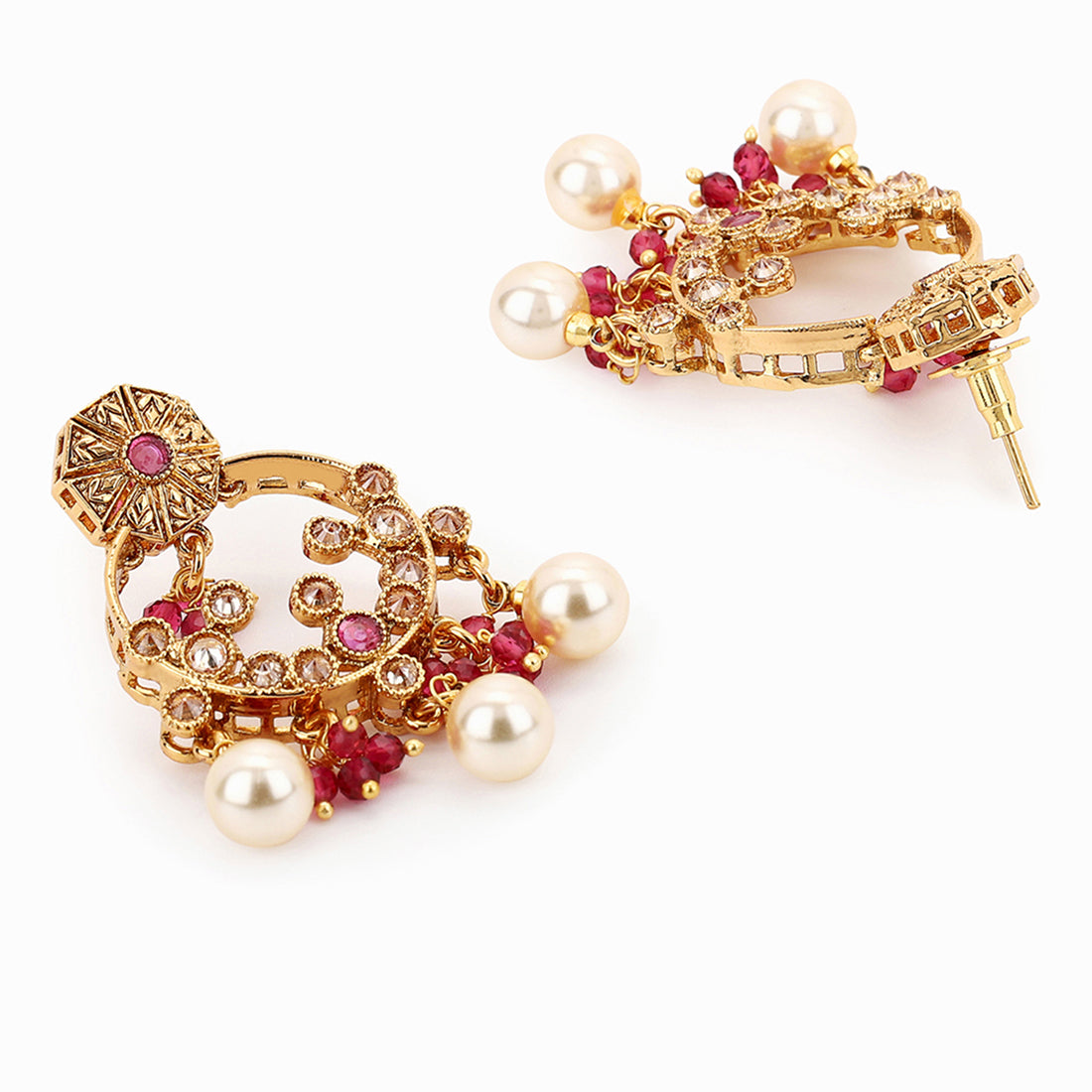 Gold Plated Round Shape Pearl Drop Earrings with Red Stone