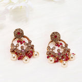 Gold Plated Round Shape Pearl Drop Earrings with Red Stone