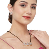 Shimmering Floret American Diamond CZ Gold Plated Floral Brass Black Beaded Mangalsutra with Earrings