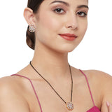 Shimmering Floret American Diamond CZ Gold Plated Floral Brass Black Beaded Mangalsutra with Earrings