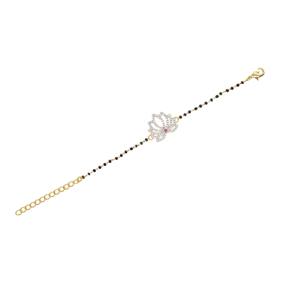 Shimmering Floret American Diamond CZ Silver Studded Mangalsutra Bracelet with Black Beads Gold Plated Chain