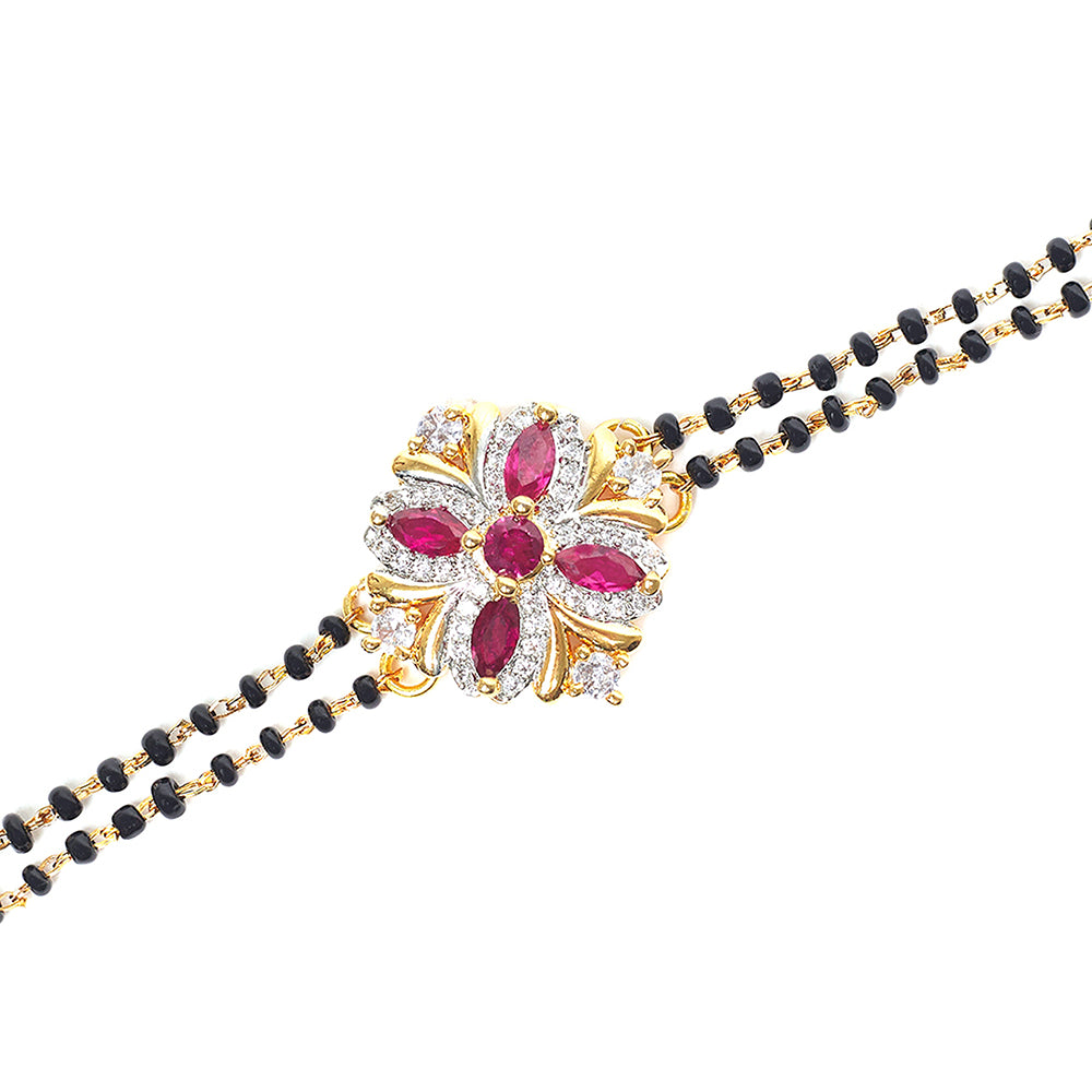 Shimmering Floret American Diamond CZ Flower Mangalsutra Bracelet with Black Beads Chain