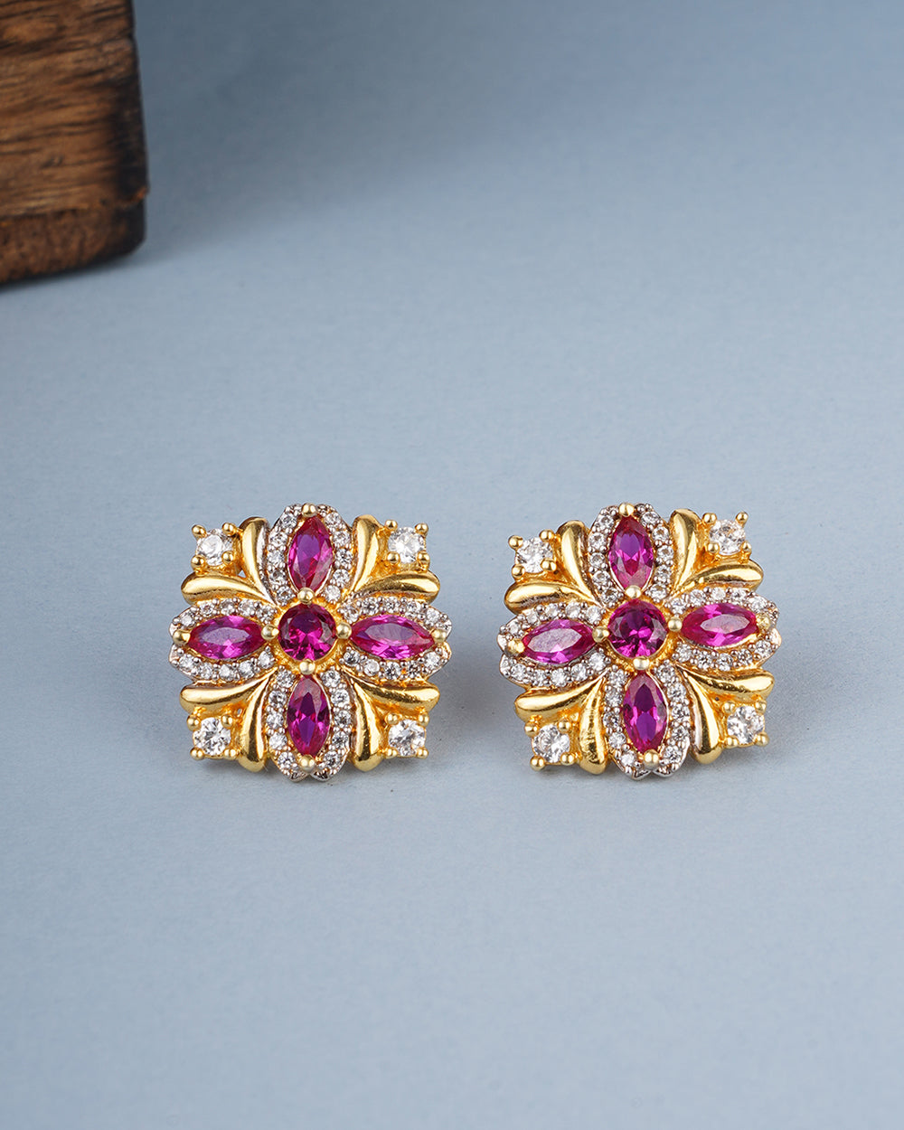 American Diamond CZ Gold Plated Brass Stud Earrings with Purple Stone