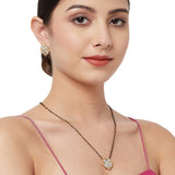Shimmering Floret American Diamond CZ Gold Plated Brass Black Beaded Mangalsutra with Earrings