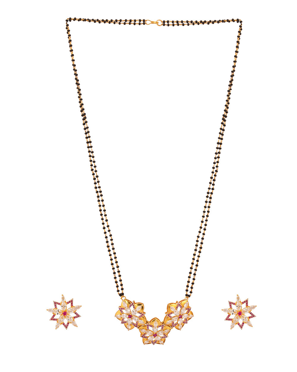 CZ Mangalsutra & Bracelet Three Gold Plated Flowers With Studded with American Diamonds