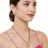 Shimmering Floret American Diamond CZ Elegant Gold Plated Brass Black Beaded Mangalsutra with Earrings
