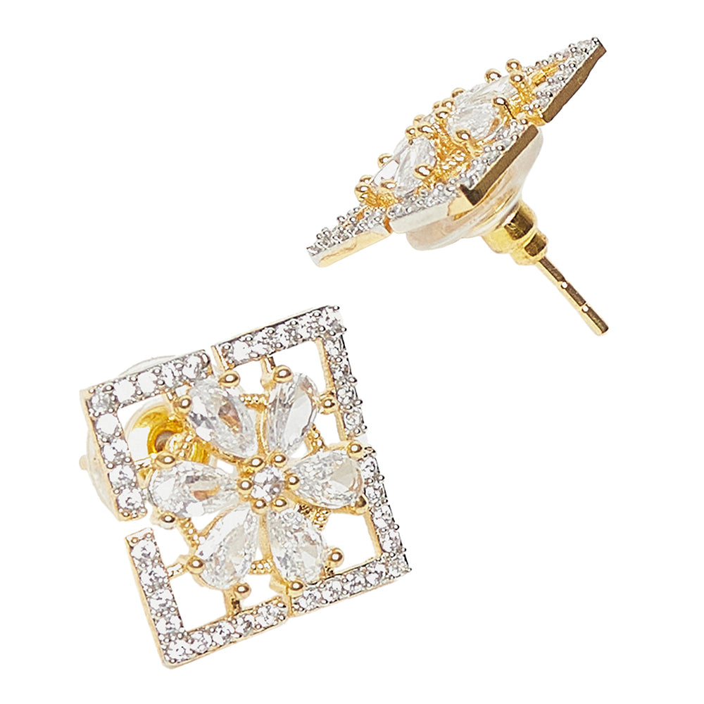 Shimmering Floret American Diamond CZ  Gold Plated Brass Stud Earrings