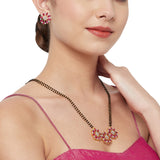 Shimmering Floret American Diamond CZ Gold Plated Brass Black Beaded Mangalsutra with and Red Studs