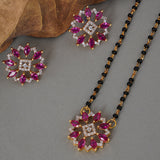 Shimmering Floret American Diamond CZ Flower Gold Plated Brass Black Beaded Mangalsutra with Earrings