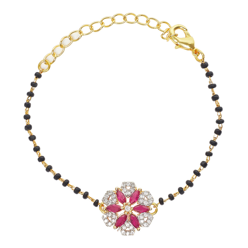 Shimmering Floret American Diamond CZ Black Beads and Flower Mangalsutra Bracelet