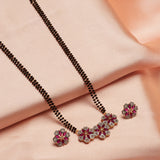 Shimmering Floret American Diamond CZ Gold Plated Brass Black Beaded Mangalsutra with Earrings