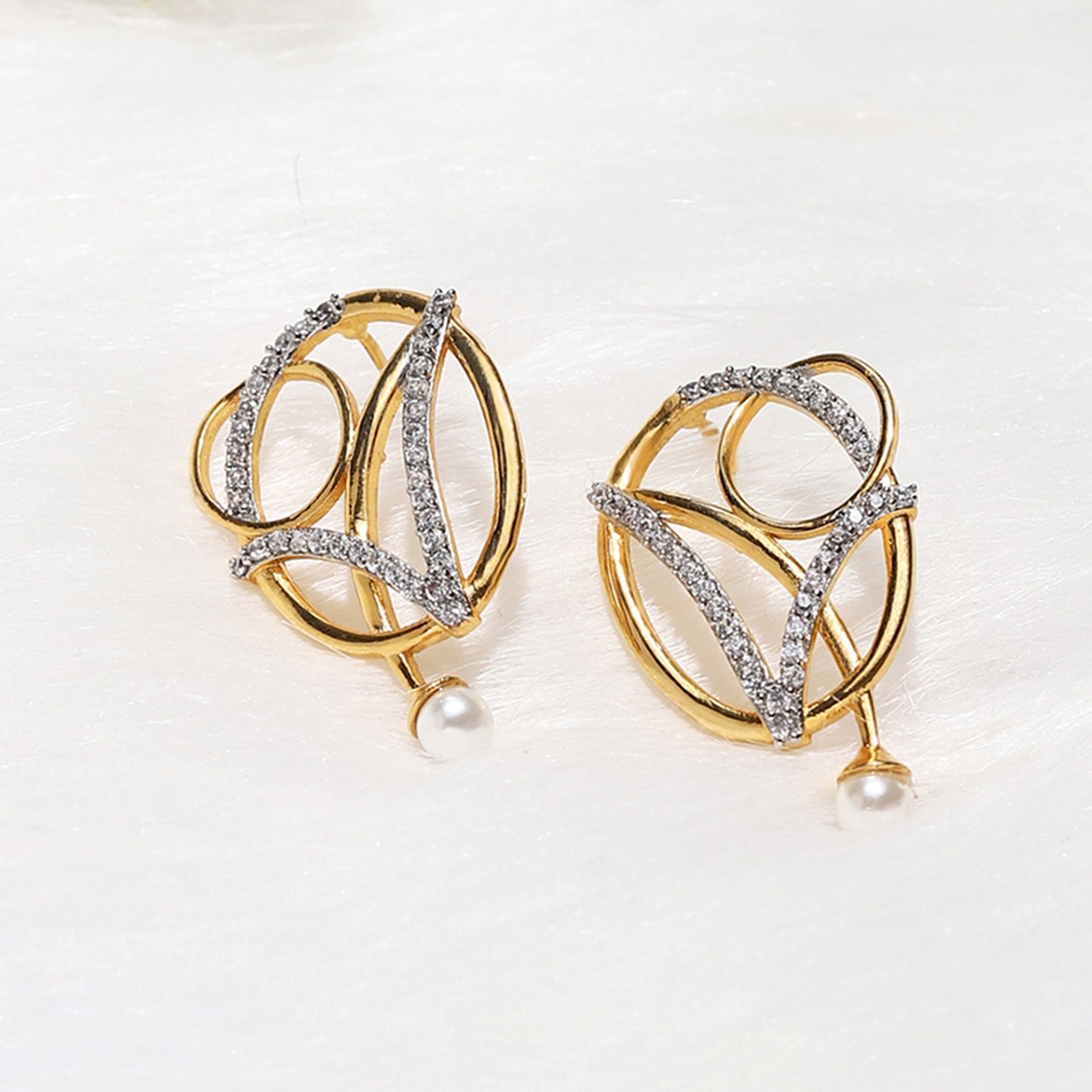 American Diamond CZ Gold Plated Pearl Brass Drop Earrings