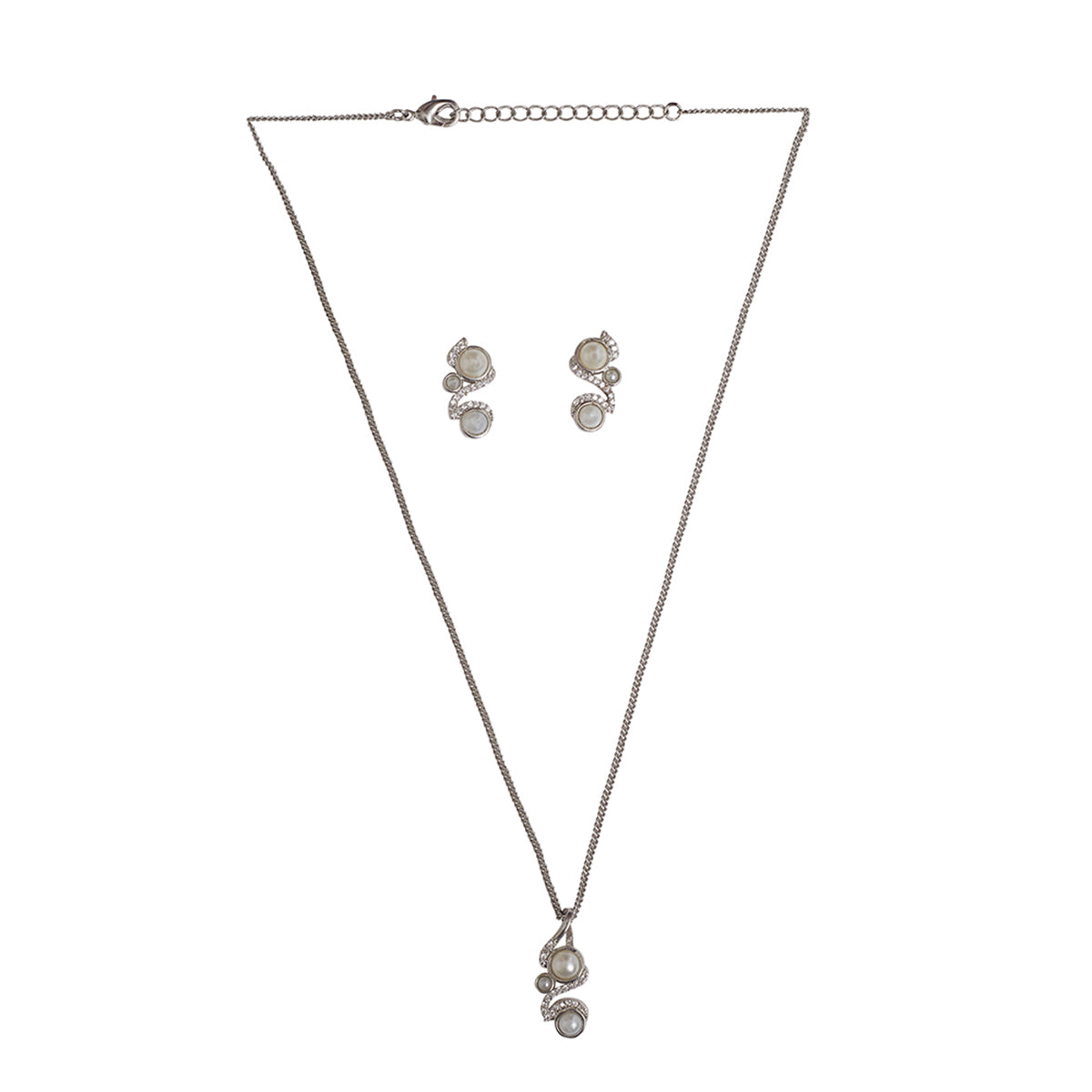 Minimalistic Faux Pearls and CZ Embellished Brass White Rhodium Plated Pendant Set