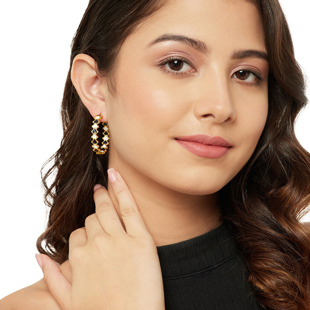 Trendy Hoops Gold Plated Green and White Stoned Earrings