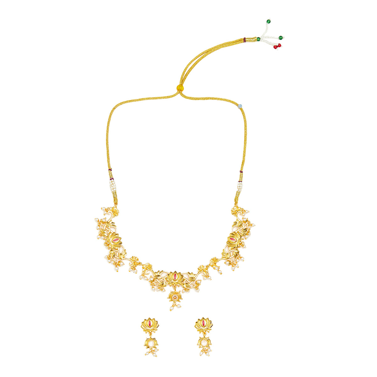 Apsara Faux Pearls Adorned Brass Lotus Motifs Gold Plated Jewellery Set