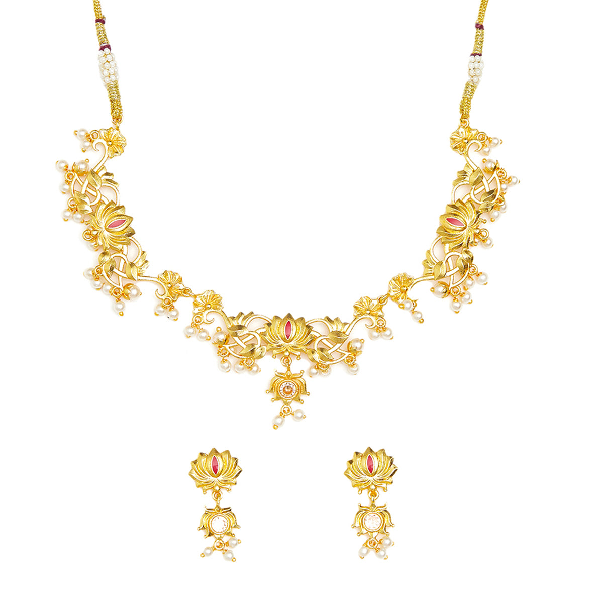 Apsara Faux Pearls Adorned Brass Lotus Motifs Gold Plated Jewellery Set
