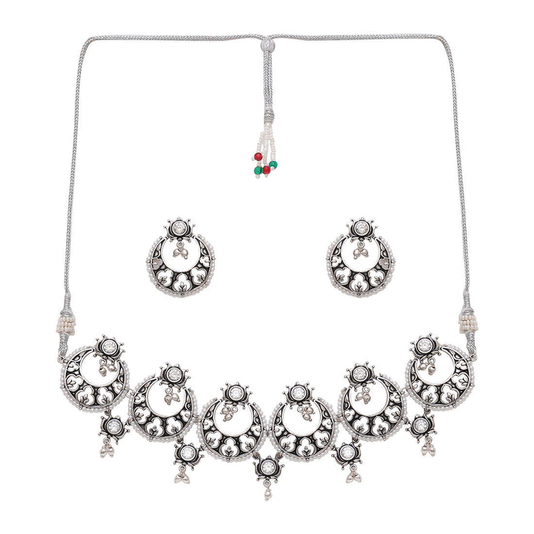 Apsara Cresent Moon Silver Choker Necklace Set