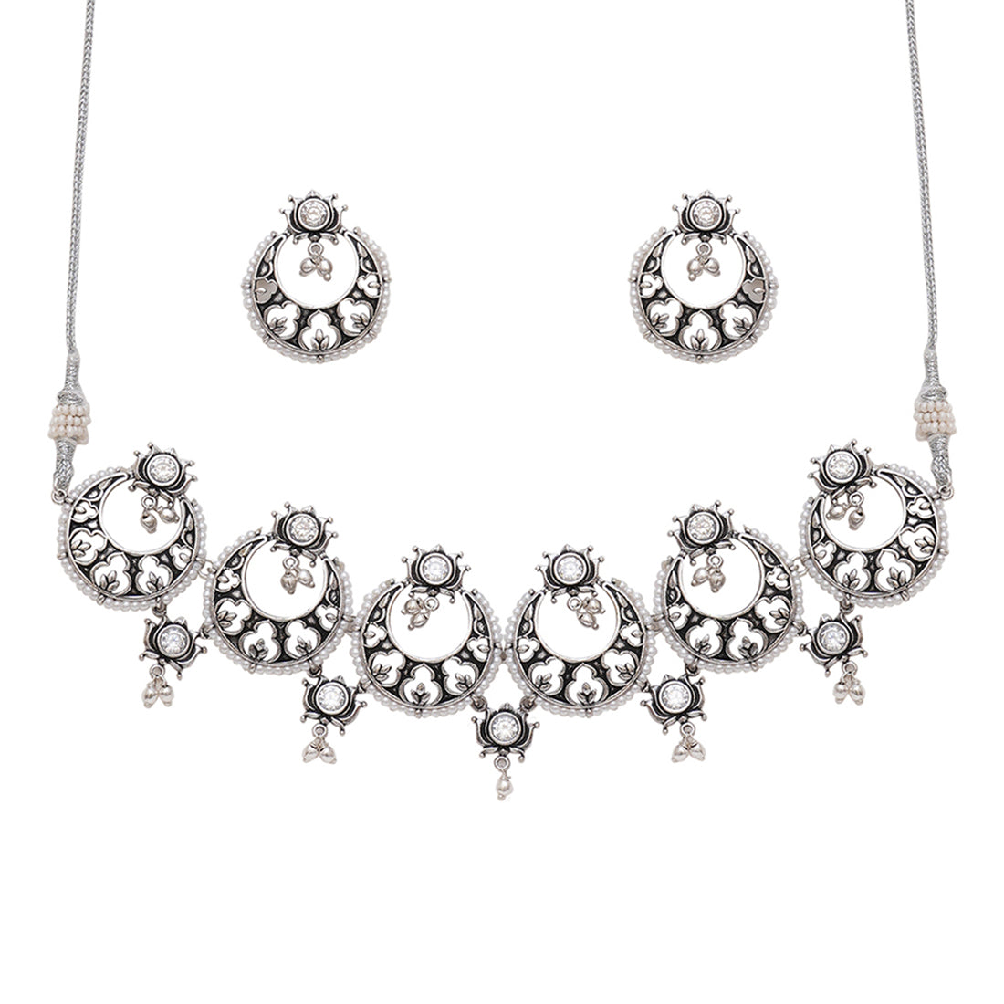 Apsara Cresent Moon Silver Choker Necklace Set