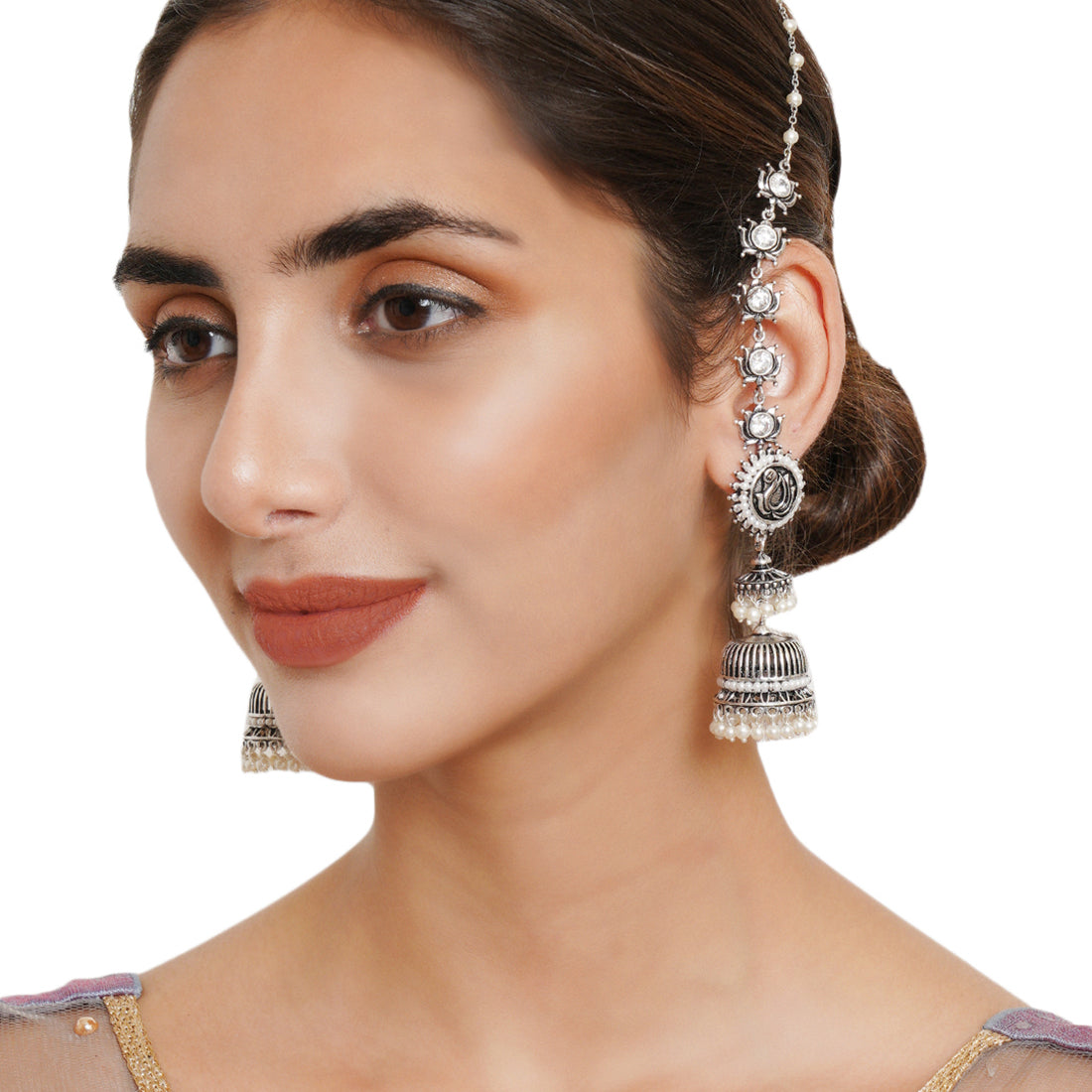 Apsara Peacock and Floral Motifs Brass Silver Plated Sahara Earrings