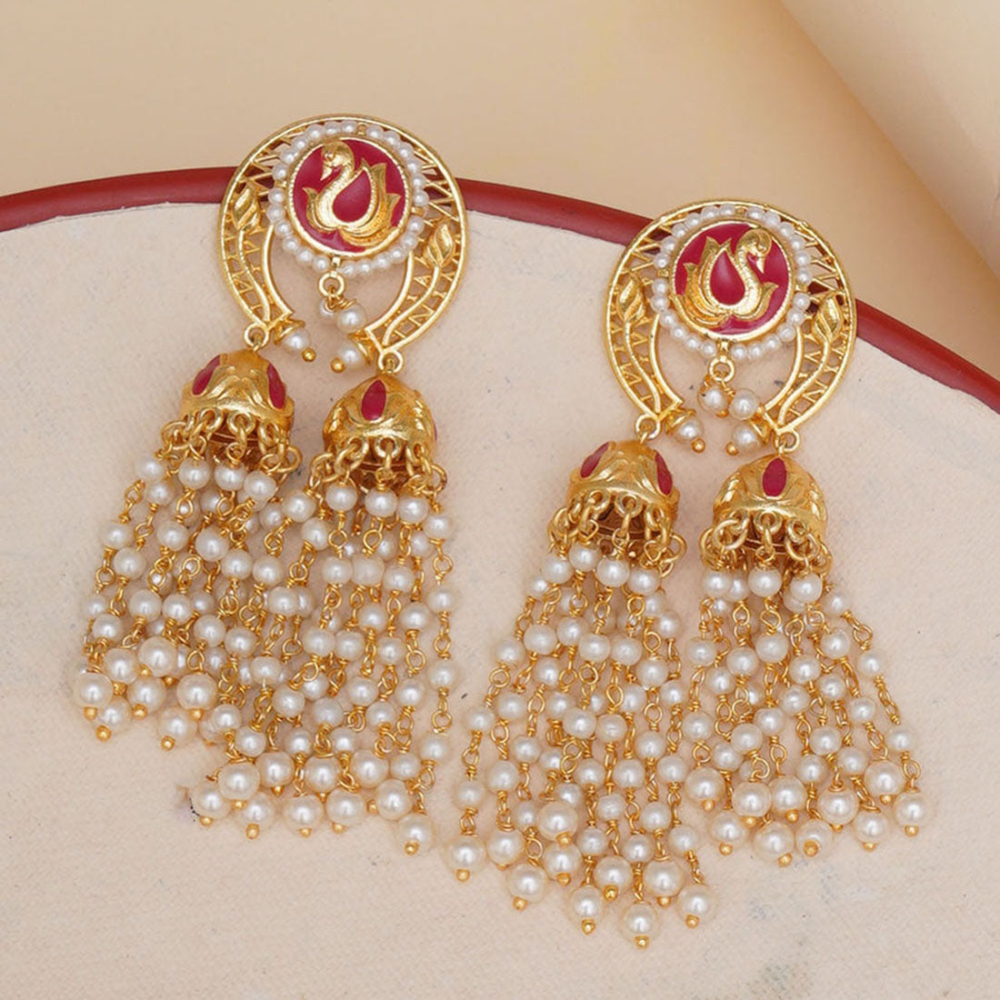 Apsara Enamelled Faux Pearls Adorned Brass Gold Plated Drop Earrings