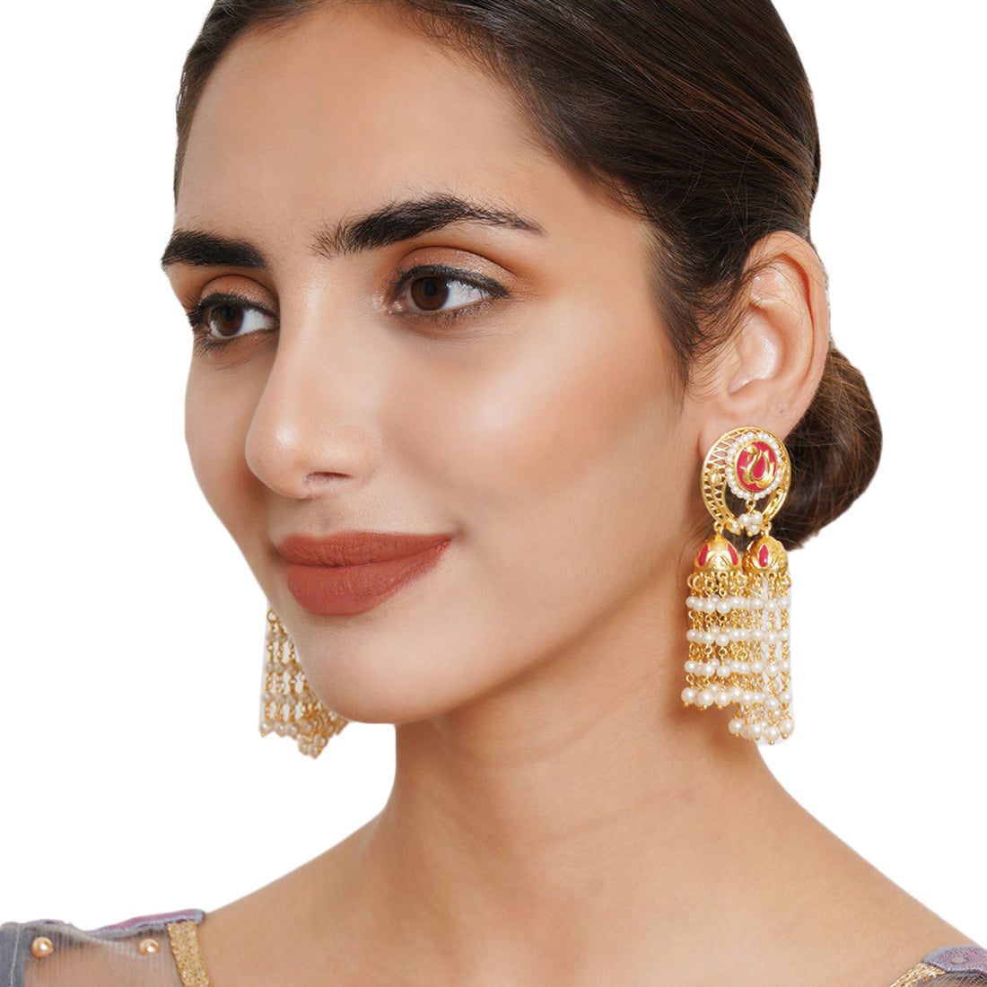 Apsara Enamelled Faux Pearls Adorned Brass Gold Plated Drop Earrings