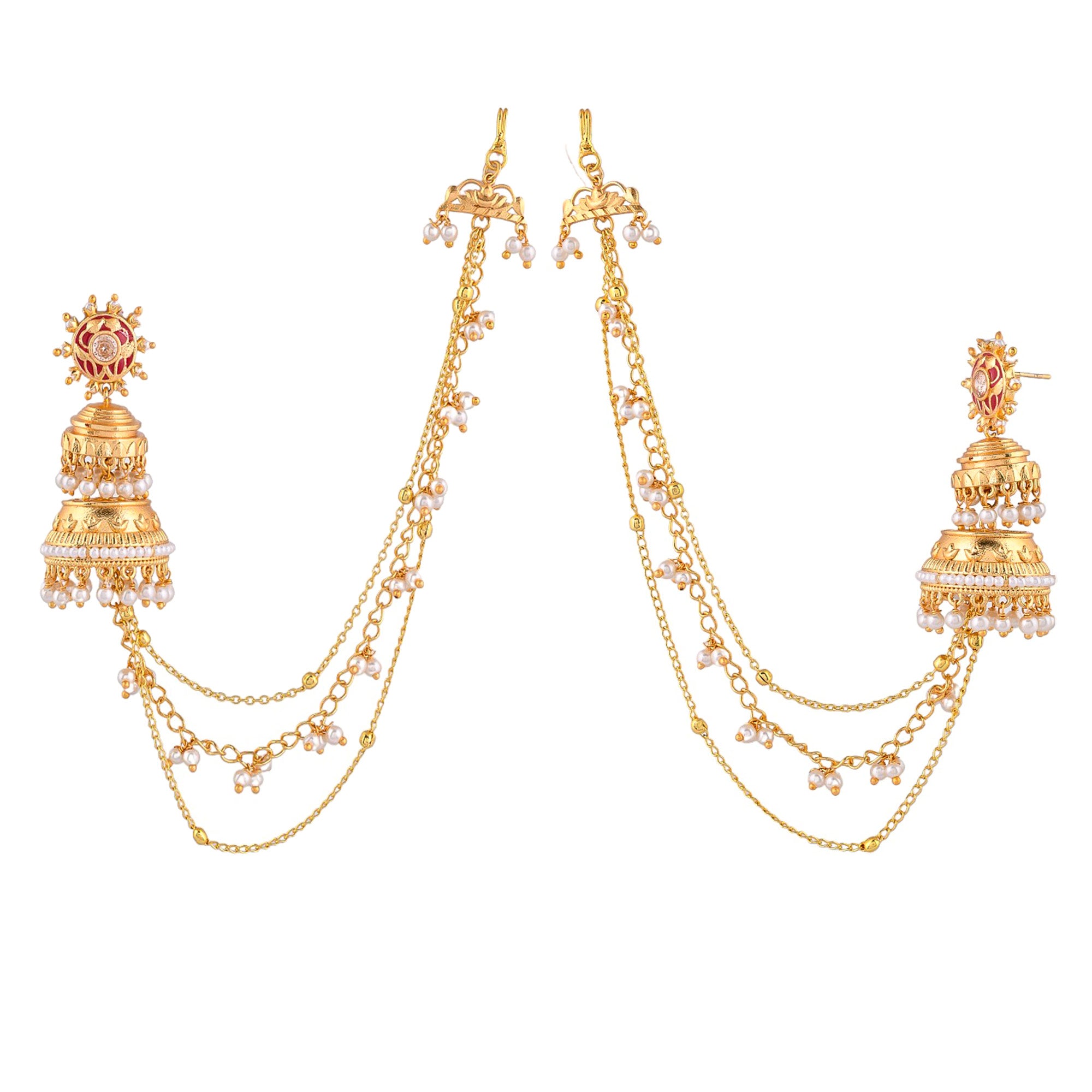 Apsara Vintage Inspired Brass Faux Pearls Adorned Yellow Gold Plated Jhumka Earrings