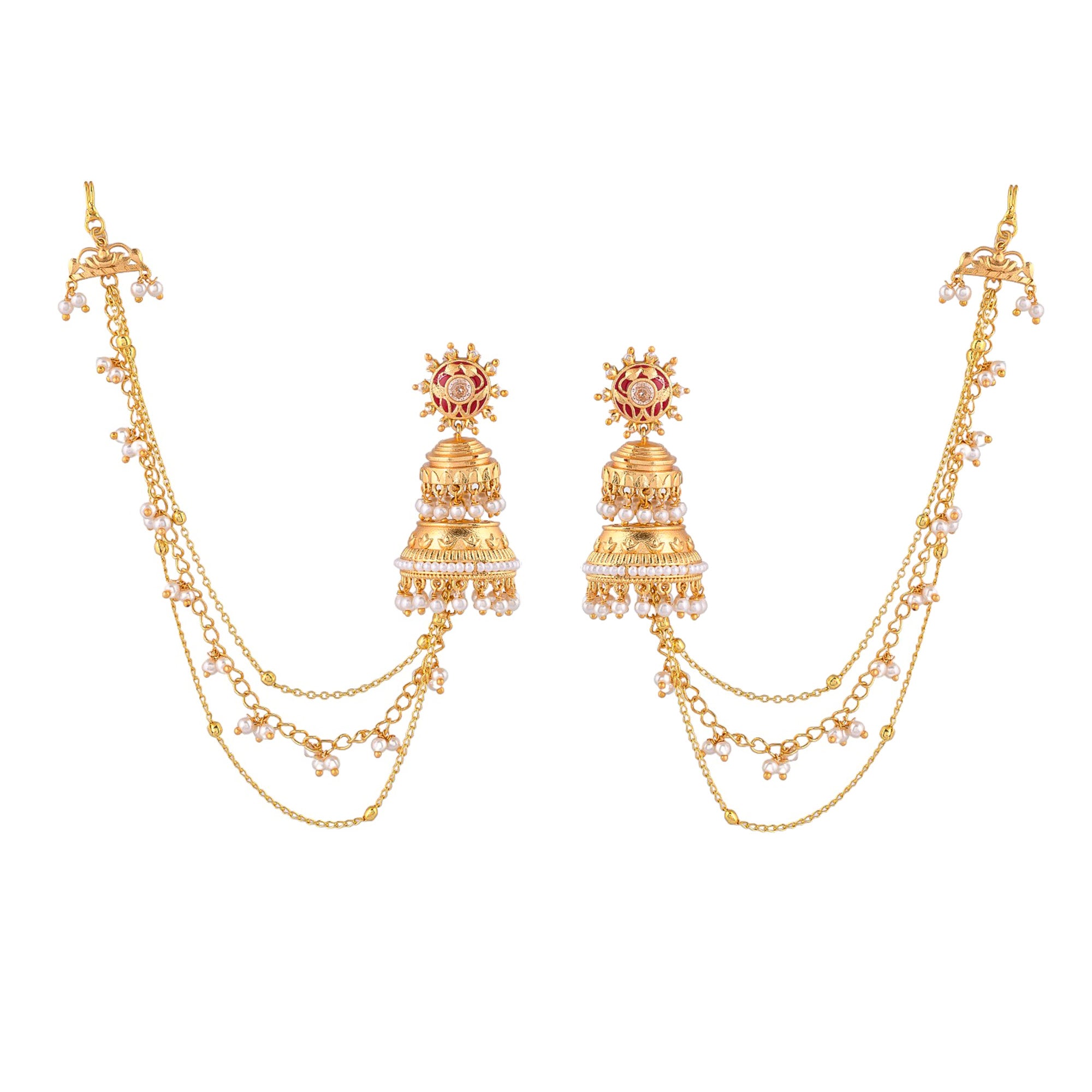 Apsara Vintage Inspired Brass Faux Pearls Adorned Yellow Gold Plated Jhumka Earrings