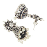 Zircon and Faux Pearls Embellished Brass Silver Jhumka Earrings