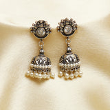 Faux White Pearls Embellished Brass Silver Plated Jhumka Earrings