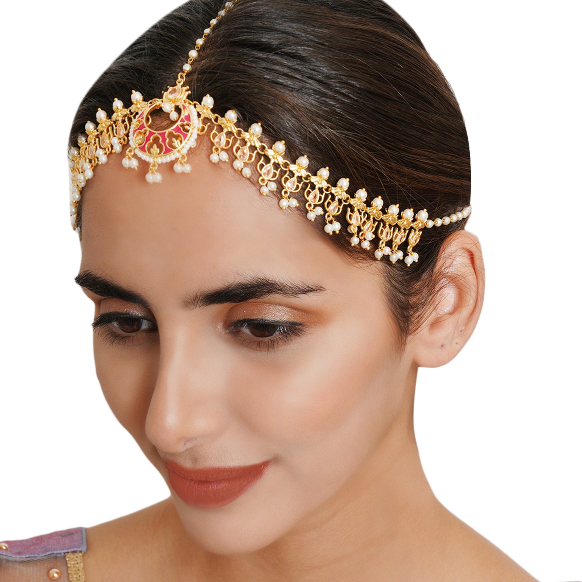 Apsara Faus Pearls and Zircons Adorned Gold Plated Matha Patti Maang Tika