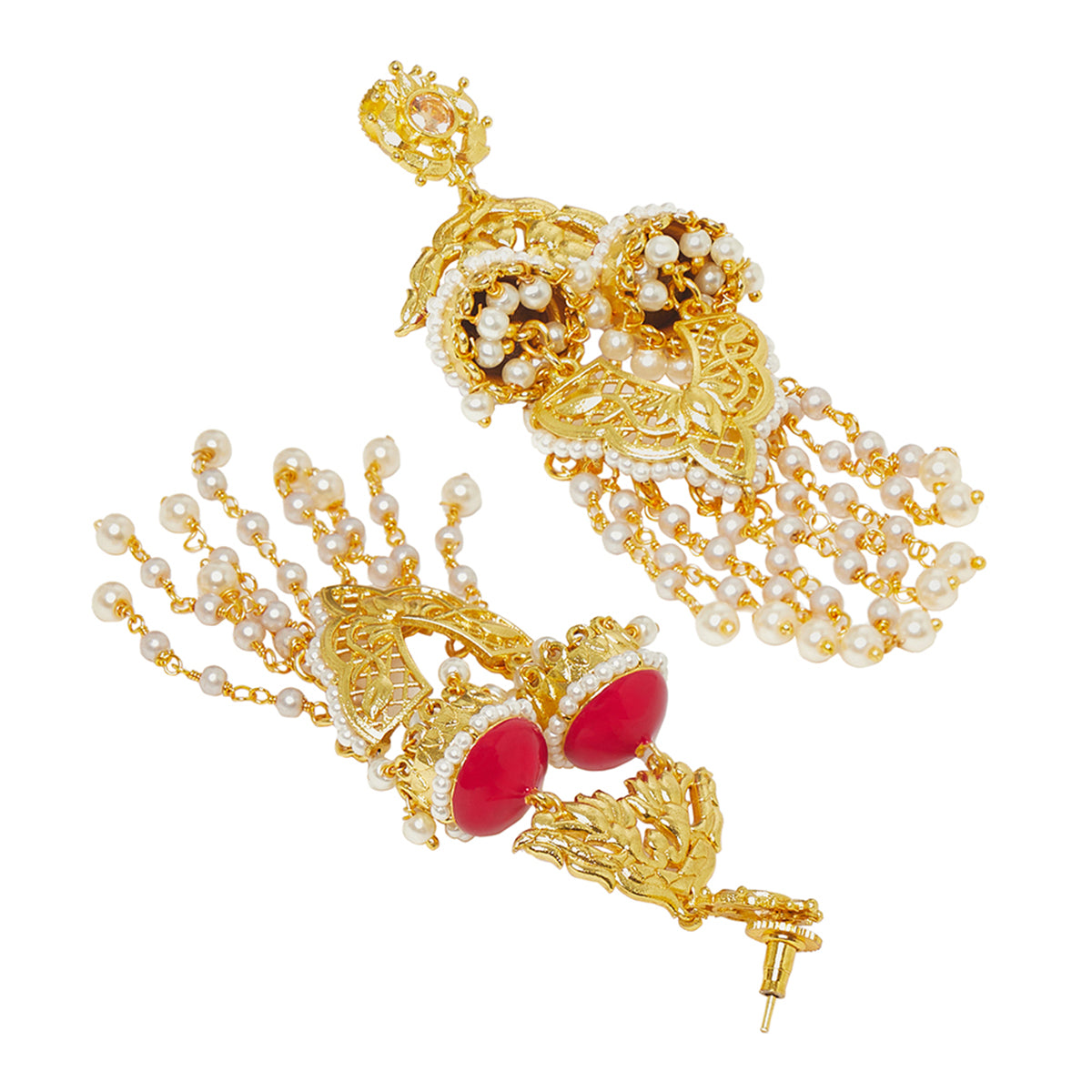 Apsara Dye Gold Earrings with Red Jhumkis and Beaded Chains