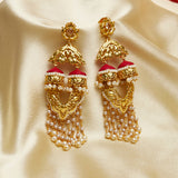 Apsara Dye Gold Earrings with Red Jhumkis and Beaded Chains