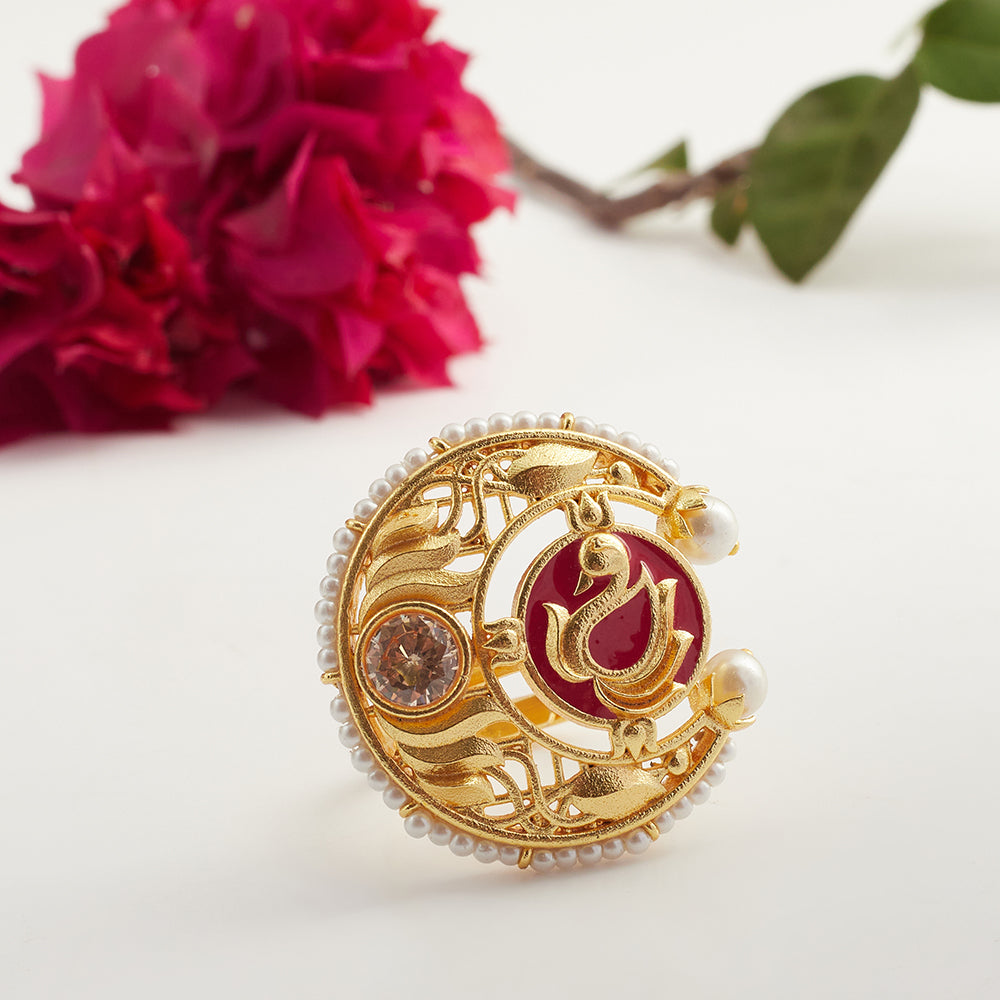 Filigree Design Gold Toned Faux Pearls Brass Ring